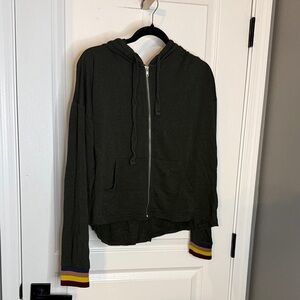 Thread & Supply Olive Green Zip Hoodie with Multicolor Stripe Cuffs